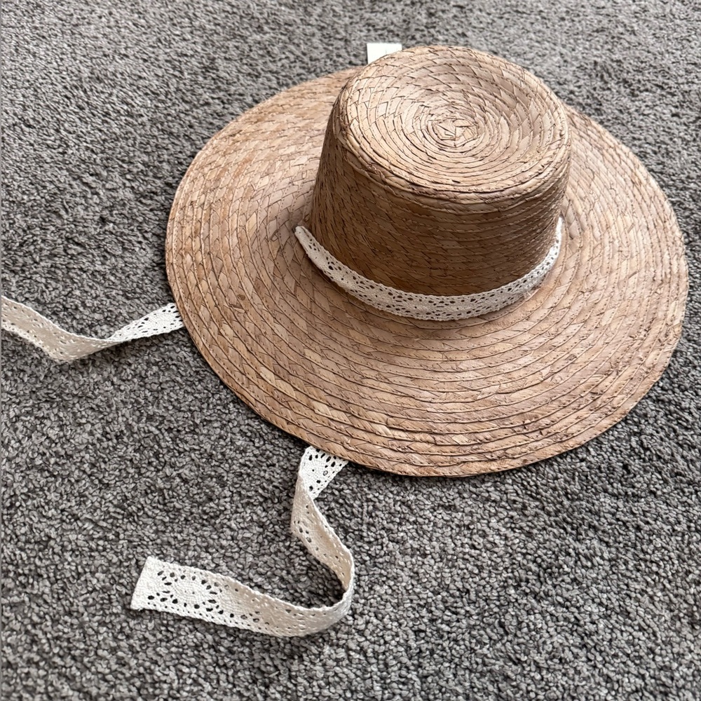 Rylee + Cru Brown Straw Sun Hat with Lace Ribbon